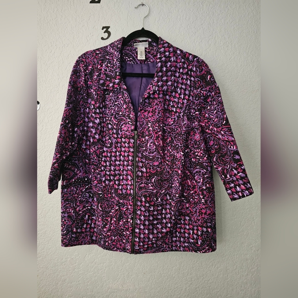 Maggie Barnes Catherines Size 0x Paisley Purple 3/4 Zip 3/4 Sleeve Blazer Coat